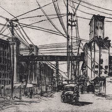 a black and white depiction of a grain elevator featuring an old-fashioned car and many overhead wires